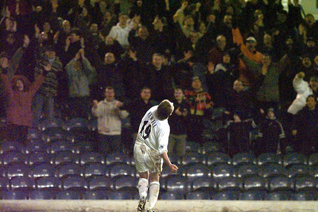 Harry Kewell celebrates scoring his second goal of the game and Leeds United's fourth.