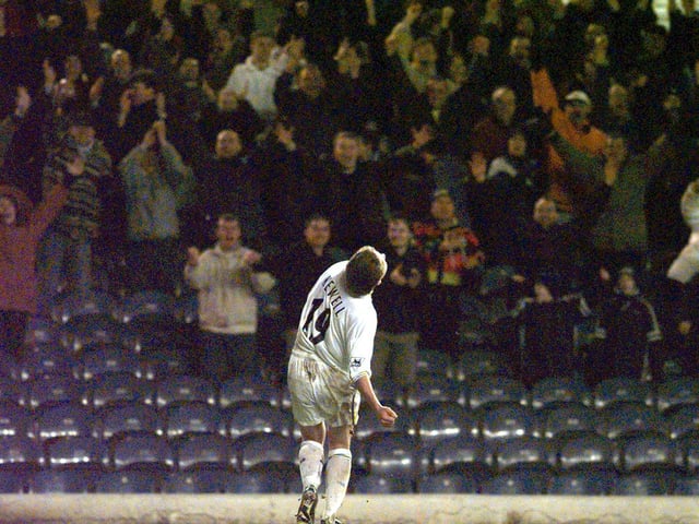 Harry Kewell celebrates scoring his second goal of the game and Leeds United's fourth.