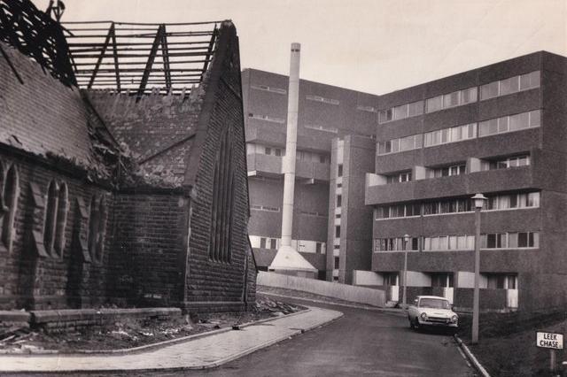 The new flats, pictured in March 1970, contrast with the ruins of a disused church in Joseph Street off Hunslet Road.