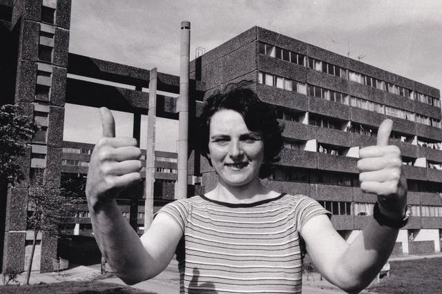 This is Mariyln Steane who is pictured celebrating in April 1982 after the wait for the demolition of the flats ended.