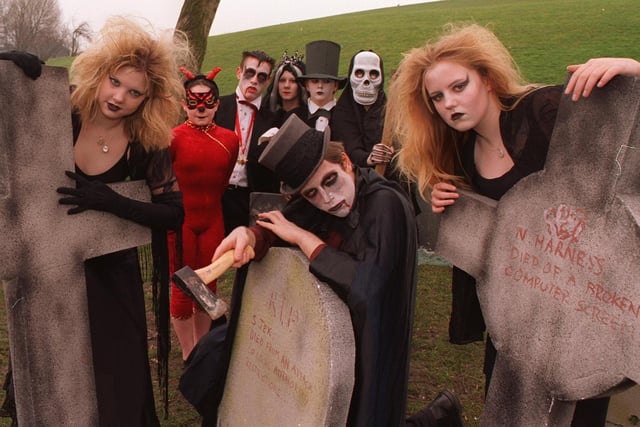 These Wortley High School students were preparing to stage A Night of Fear, described as a production of shock, rock and horror. Pictured, from left, are Lindsey Havercroft, Richard Potter and Tanja Bage with some of the other performers.