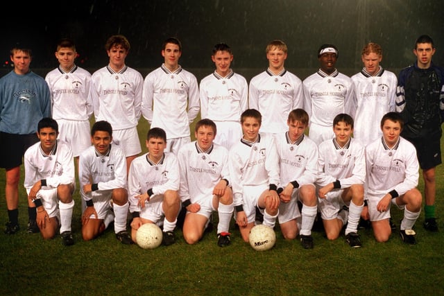Leeds Schools FA U-15s are pictured with Premier League stars of the future featured in the line up. Pictured, from left, is  Danny Gautney, Shaun Hobson, Gareth Morgan, John Hosfield, James Jeffrey, Gareth Liversidge, Jerome Nolan, Peter Laybourn and Richard Hall. Front, from left, is Harpal Singh, Aaron Lennon, Nick Montgomery, Andy Moores, Neil Davis, Calem Connolly, Adam Nuller and Oliver Whiteley.