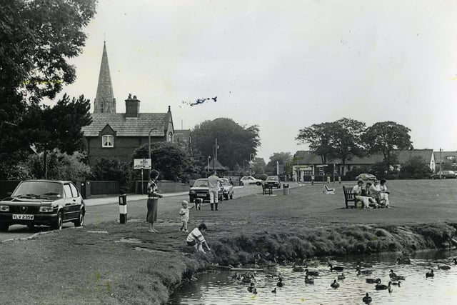 Families feeding the ducks at Wrea Green in 1990 - one of the Fylde's most charming and picturesque villages