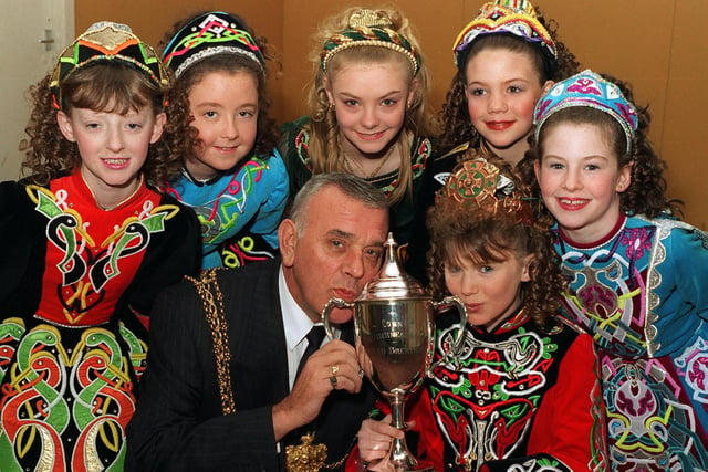 World Irish Dancing champion, Sinead Fallon invited the Lord Mayor of Leeds, Coun Malcolm Bedford, to give the trophy she won last year a good luck 'kiss' before she headed off to Ireland with other dancers to compete. Pictured, back from left, are Donna O'Connor, Rachel Watson, Ellen McCormack, Helen Roland and Kirsty Mooney.