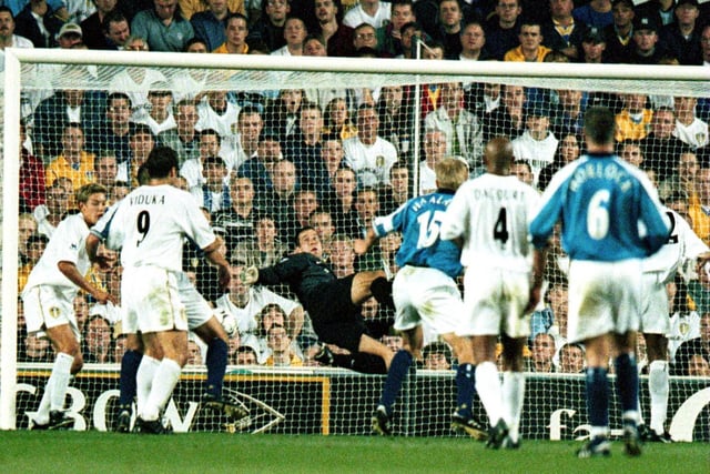 Nigel Martyn is left helpless as Manchester City's Steve Howey puts the ball in off the cross bar during the Premiership clash at Elland Road in September 2000.