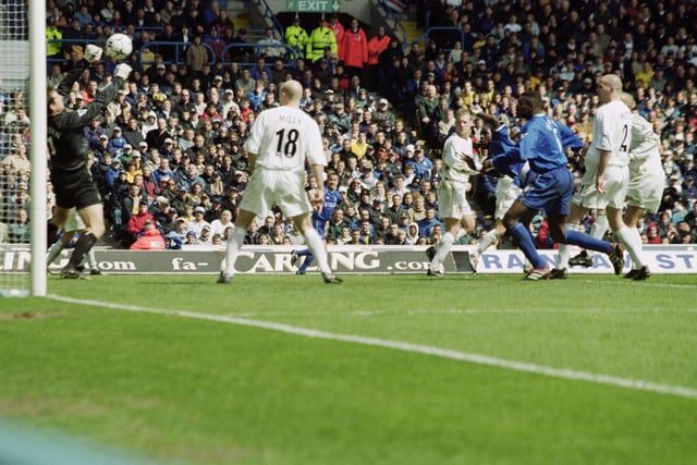Nigel Martyn saves a shot from Chelsea's Mario Melchiot during the Premiership clash at Elland Road in April 2001.Leeds won 2-0.
