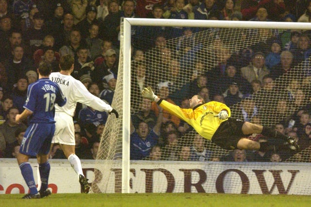 Nigel Martyn dives in vain to stop Graham Kavanagh's free kick during Leeds United's FA Cup third round clash against Cardiff City at Ninian Park in January 2001.