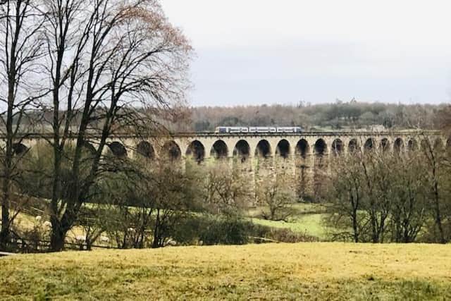 A damp, misty morning looking out onto Crimple Valley viaduct, by Ann Morris.