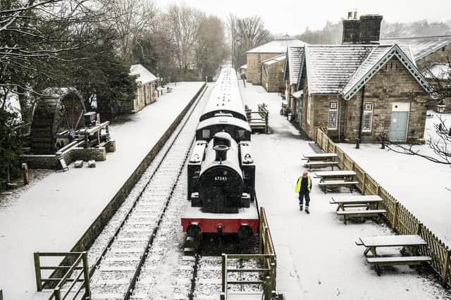 A locomotive in snowy conditions at the Dales Countryside Museum in Hawes, North Yorkshire.