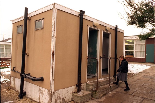 The toilet block for 160 pupils in outside classrooms at Rawdon Littlemoor Junior School in January 1997.