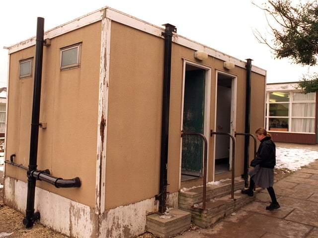 The toilet block for 160 pupils in outside classrooms at Rawdon Littlemoor Junior School in January 1997.