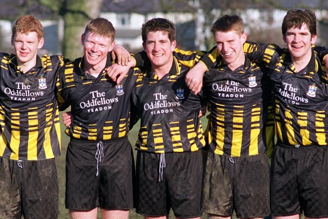 January 1997 and Rawdon AFC were celebrating a 9-1 Wharfedale Triangle League win against Westfield. Pictured are five of the six players made the scoresheet. From left, Lee Poole (2), Craig Thornton, Martin Gilks, Stuart Clarke and Dave Gilks (3).
