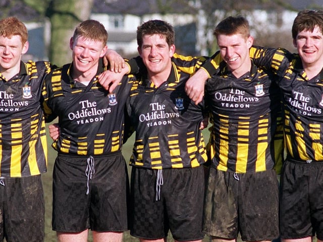 January 1997 and Rawdon AFC were celebrating a 9-1 Wharfedale Triangle League win against Westfield. Pictured are five of the six players made the scoresheet. From left, Lee Poole (2), Craig Thornton, Martin Gilks, Stuart Clarke and Dave Gilks (3).