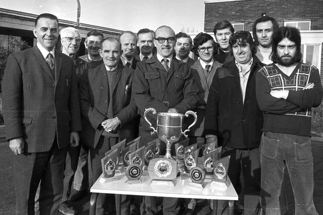 Division three bowls team at Turner Brothers Asbestos (TBA) factory in Hindley Green in 1974