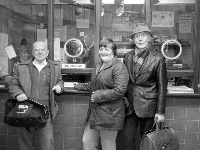 Three local residents attending Fearnville Sports Centre for their regular morning swimming sessions in the spring of 1983. Both Alf Watson (left) and Thomas Kilroy (right) completed 30 lengths of the swimming baths each morning. Betty Winterholder (centre) swam 20 lengths every morning.