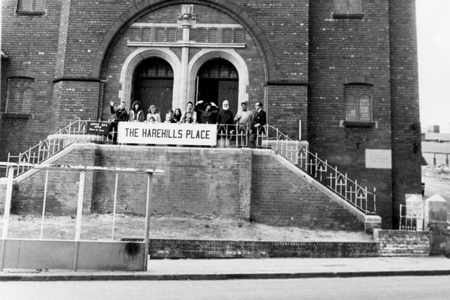'The Harehills Place' on Harehills Road, a new community centre established in the former United Reform Church. Local residents can be seen standing at the top of the steps in front of the entrance at the opening in February 1983.