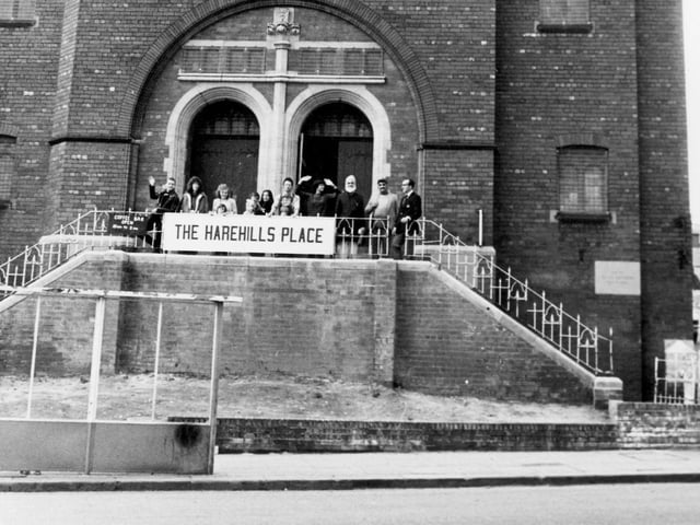 'The Harehills Place' on Harehills Road, a new community centre established in the former United Reform Church. Local residents can be seen standing at the top of the steps in front of the entrance at the opening in February 1983.