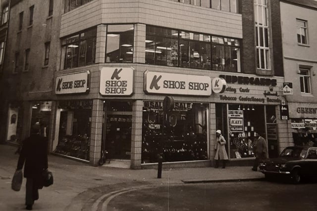 Familiar shops in the 1980s on the corner of Church Street and Corporation Street. K Shoes on the corner with Supercards and Greenwoods to the right