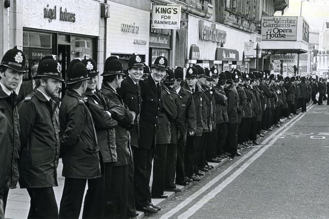 Police security outside the Winter Gardens, Blackpool for the Conservative Party Conference in 1985