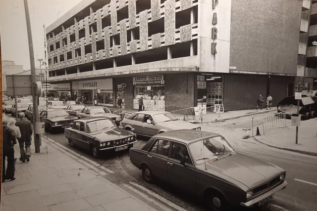 August 1980. Blackpool motorists faced rush hour hold ups when the main entrance to the car park in Adelaide Street closed because of road works. The cars themselves are also blast from the past.