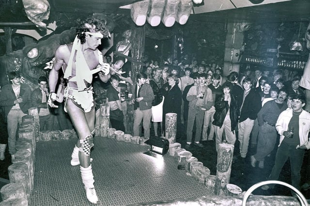 Disco dancer Barry Clark struts his stuff in Henry Africa's fun pub, Standish, in 1985.