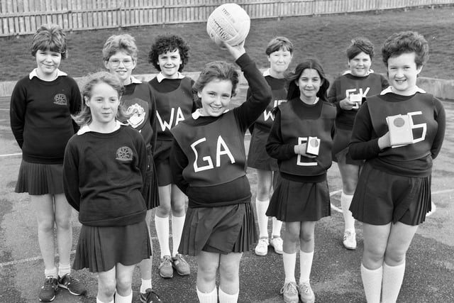 The trophy winning Millbrook Primary School, Shevington, netball team in May 1985.  They had won the Butlins Venture Tournament for the third year at Pwllheli and were also runners-up in the Appley Bridge tournament.