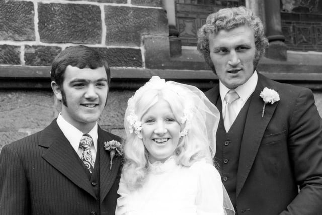 Wedding photograph outside St Peters Church at Bramley in October 1973.  Welterweight boxer Jeff Gale married Jacquie Foster. The best man was his friend Joe Bugner (right) the European Heavyweight boxing champion.