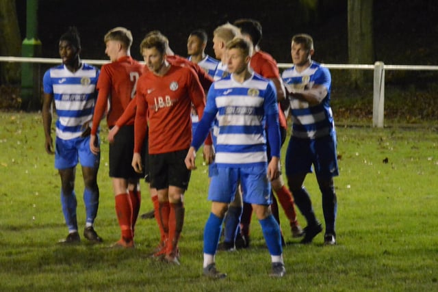Glasshoughton Welfare look to make something from a set piece as players line-up to attack the cross about to come in.