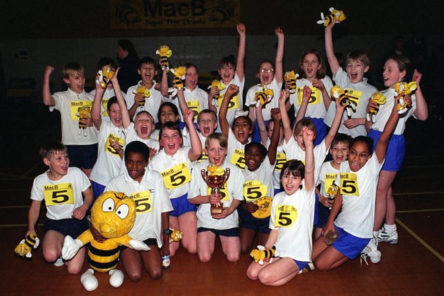 This is the athletics team from Carr Manor Primary who were celebrating after winning the finals of the MacB Indoor Sportshall Athletics champships.