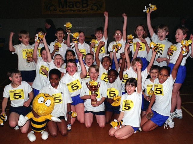 This is the athletics team from Carr Manor Primary who were celebrating after winning the finals of the MacB Indoor Sportshall Athletics champships.