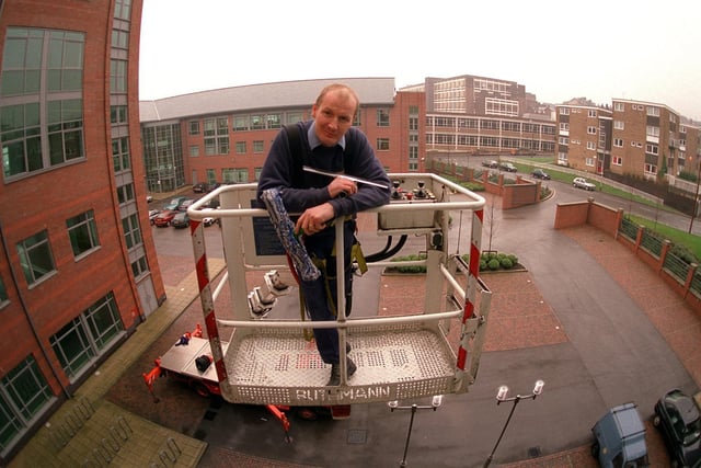 This is window cleaner Andrew Clark who was left stranded by pranksters in Leeds.