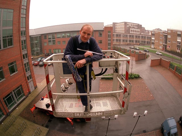 This is window cleaner Andrew Clark who was left stranded by pranksters in Leeds.