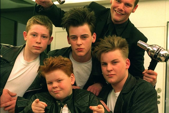 Members of the Rockabeats rock band are pictured following their new hair cuts at Vidal Sassoon salon on Albion Street. Pictured are Little Red (centre) with, from the left, Johnny B, Slim, and Sugar Ray. The group are pictured with creative director Nelson Brown at Vidal Sassoon.