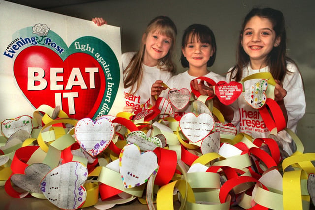 Pupils at St. Mary's C of E School  made yards of paper chains with motifs supporting the YEP Beat It Appeal. Pictured are some of the children who took part in the project, from left, Grace Harrison, Lorna Shields and Katie Francis.
