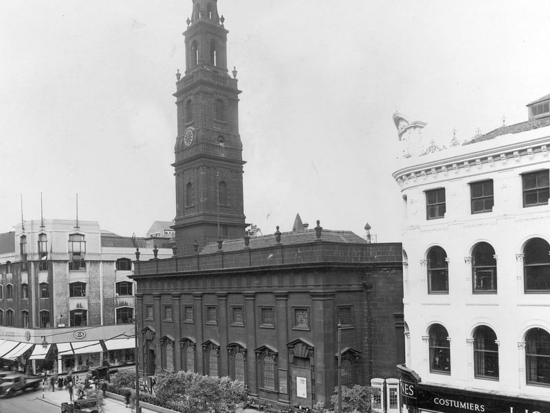 Boar Lane in April 1948. Pictured are Holy Trinity Church, C&A, and J Jones, costumiers.
