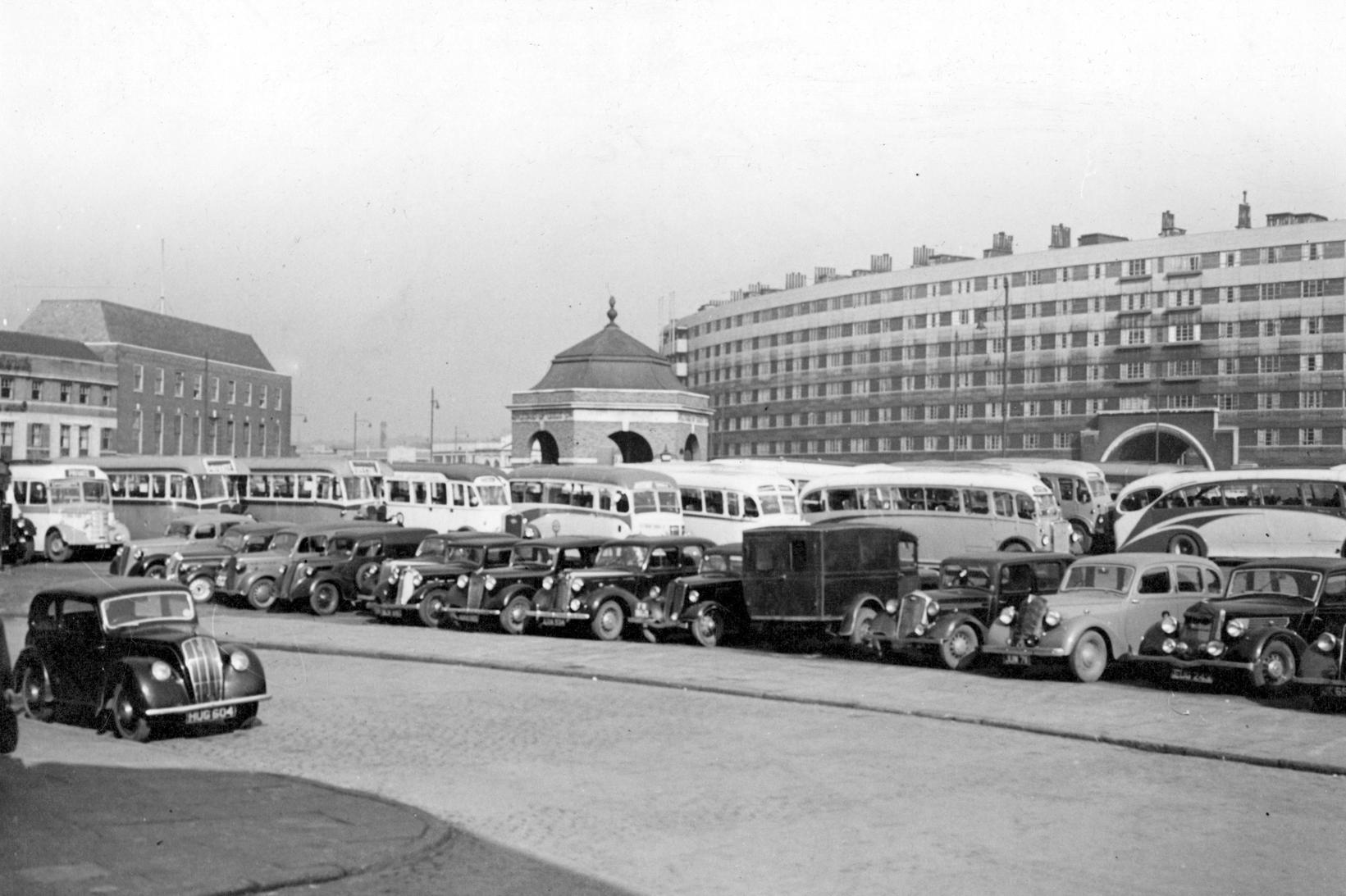 Quarry Hill Flats on Eastgate pictured in March 1948. Appleyard's petrol station is on the roundabout.