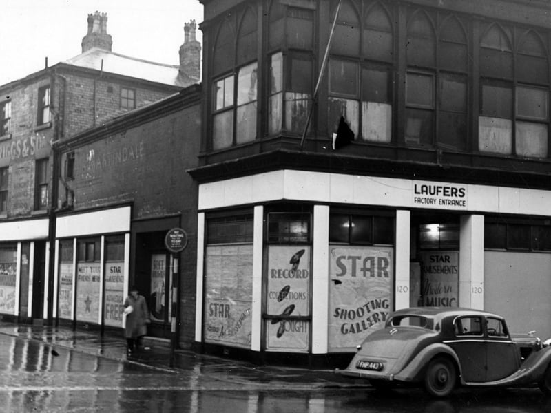 The junction of Albion Street in November 1946 and St Ann Street. All the shop windows have advertisements for 'Star', an amusement arcade and shooting gallery. Also in view is the factory entrance of Laufers, wholesale clothiers.