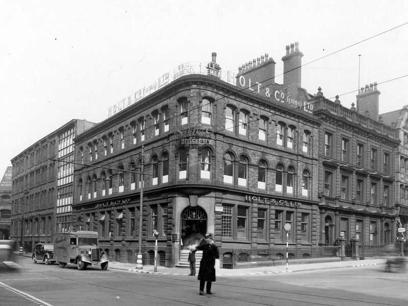 A policeman on point duty at the corner of East Parade and St Paul's Street in April 1940. Holt and Co. Hosiery Warehouse in background.