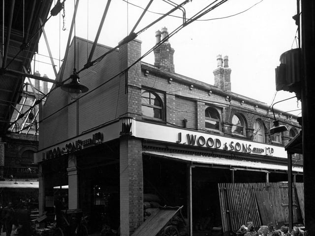 Kirkgate Market in June 1947. Pictured is J. Wood and Son Ltd. fruit, veg and flower sellers.