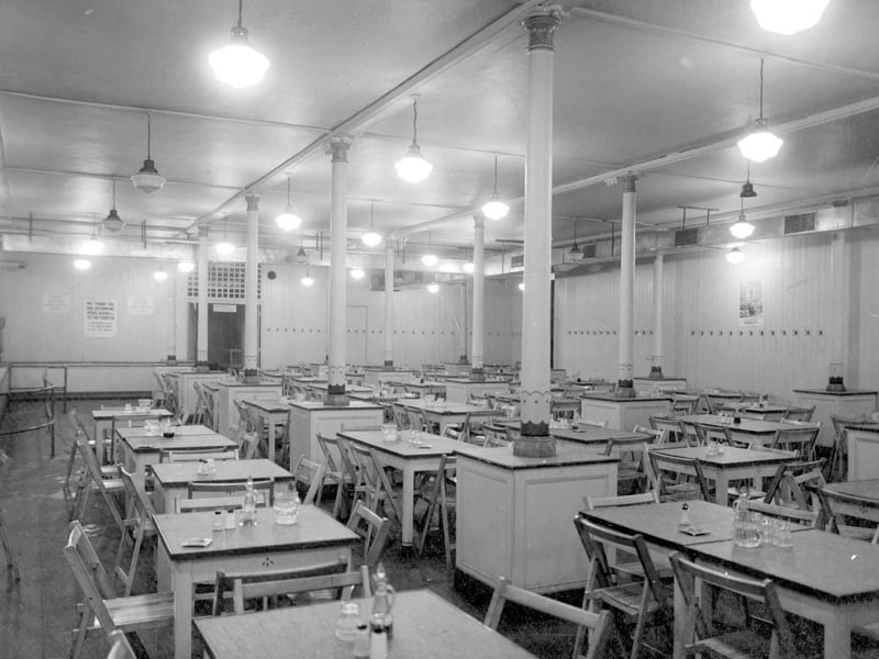 The dining room of a British Restaurant, a cheap public eating place during World War II, at Leeds Town Hall pictured in August 1942.