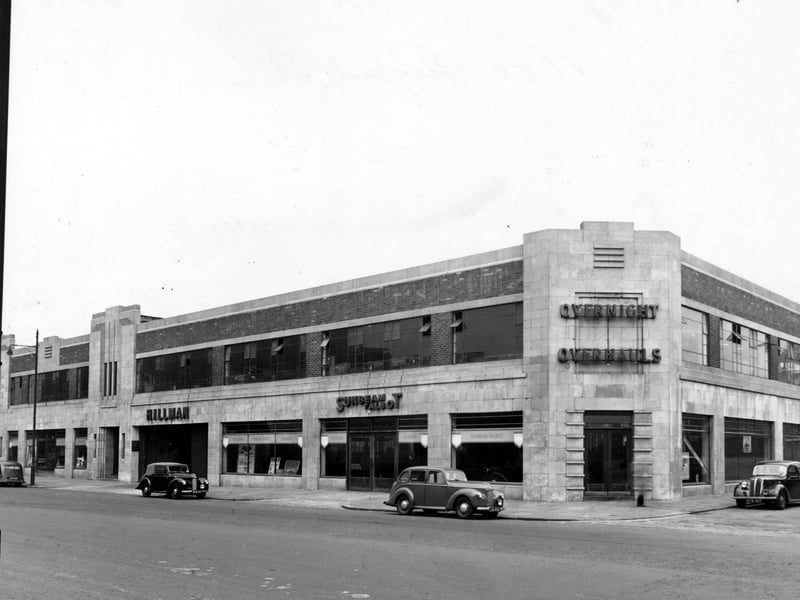 Premises of Cox & Co. (Leeds) Ltd. of Regent Street in October 1948. It is a car showroom advertising Hillman and Sunbeam Talbot.