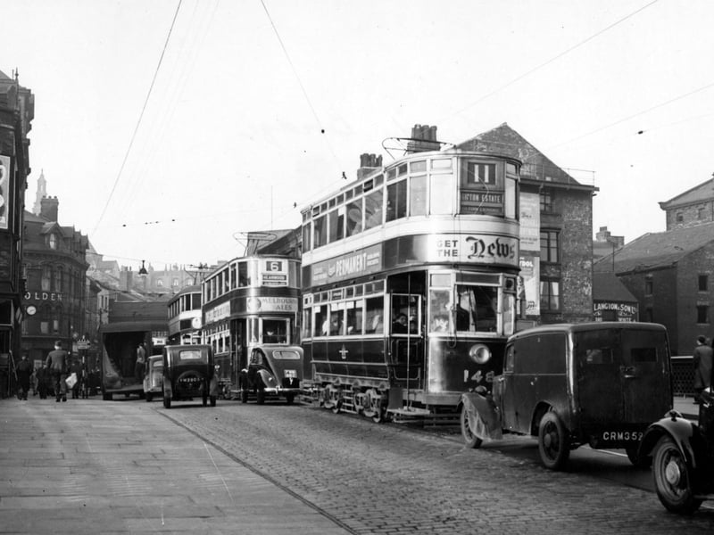 A view looking north from Leeds Bridge onto Briggate in November 1949.