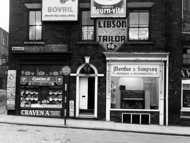 Merrion Street in December 1949. Pictured is Mardue And Simpson, French Polishers (below) and S. Libson, Tailor (above). Next door is H. Outhwaite, Newsagent.