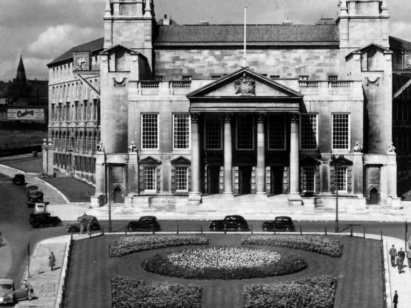 August 1949 and in view is Leeds Civic Hall with the Civic Gardens in the foreground, now the site of Millennium Square. Calverley Street runs to the left of the building and Portland Crescent to the right.