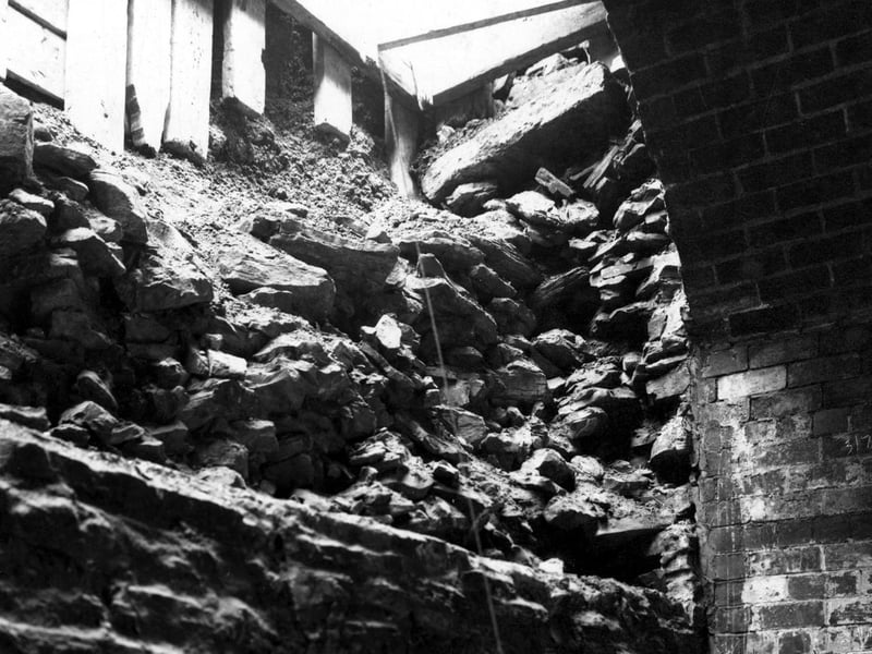 The collapse of the road above an archway on Burley Street in November 1947.