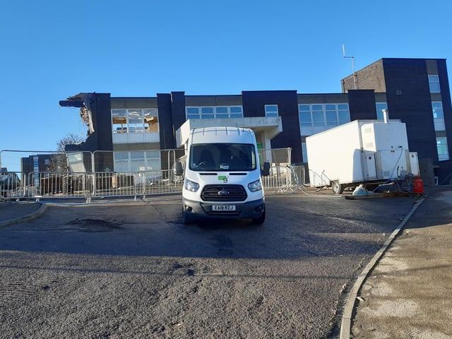 Looking up to what was Whitby Hospital's main entrance.