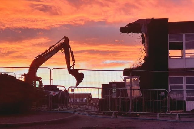The partly demolished Whitby Hospital site at sunset.