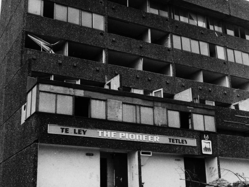 The Pioneer pub, part of the Leeds Street Flats development, in the process of being demolished in May 1984