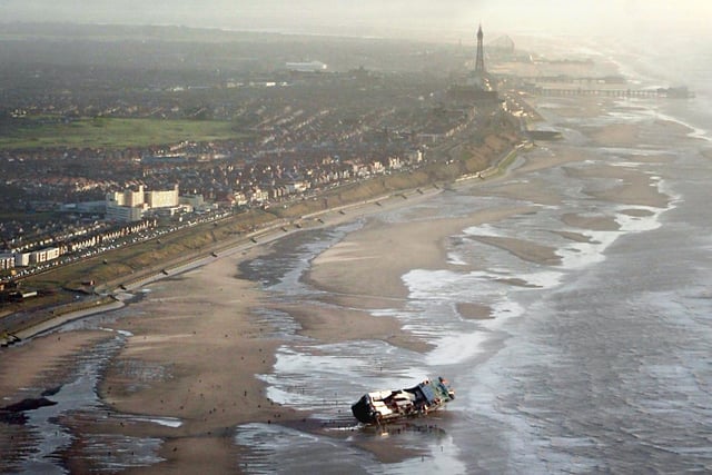 Aerial photo of the stranded ferry against the backdrop of Blackpool