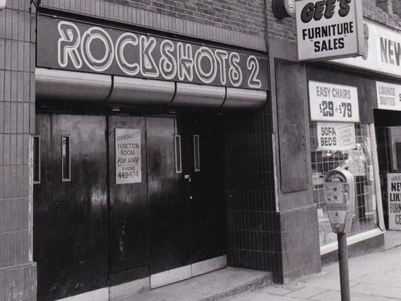 Rockshots 2, on Lower Briggate, Leeds, was described by Diva editor Jane Czyzselska as the first gay club she want to shortly after coming out in the late 1980s. She recalled having some 'memorable times' in the 'dingy black cave'. Rockshots 2 is pictured here in February 1986.